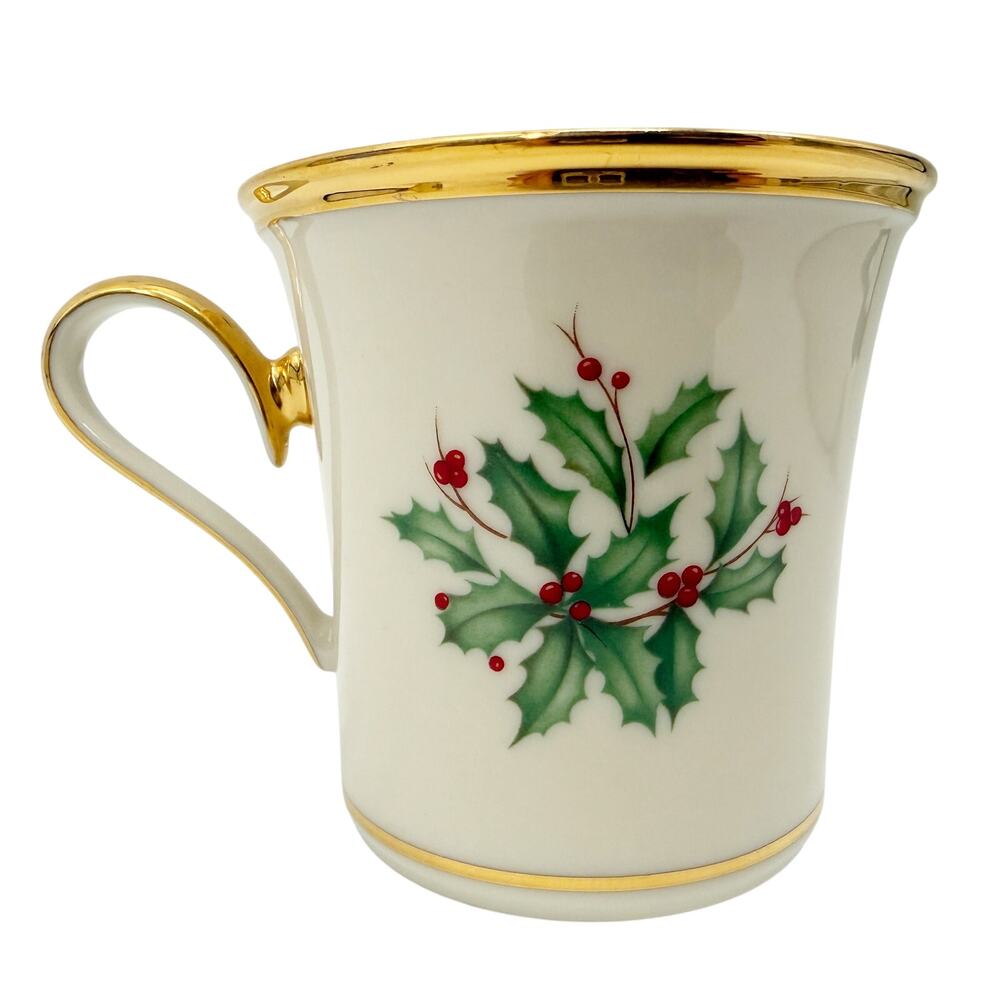 Lenox Holiday 3.5" Mug Christmas holly berry 24k gold trim cream fine bone china